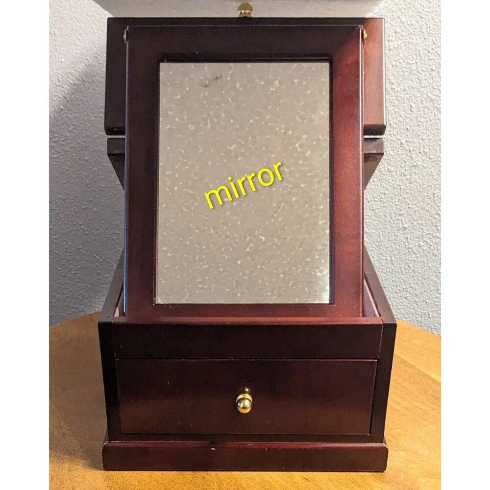 Vintage Solid Wood Jewelry Box Cherry Finish Pink Velvet Lining Flip Up Mirror